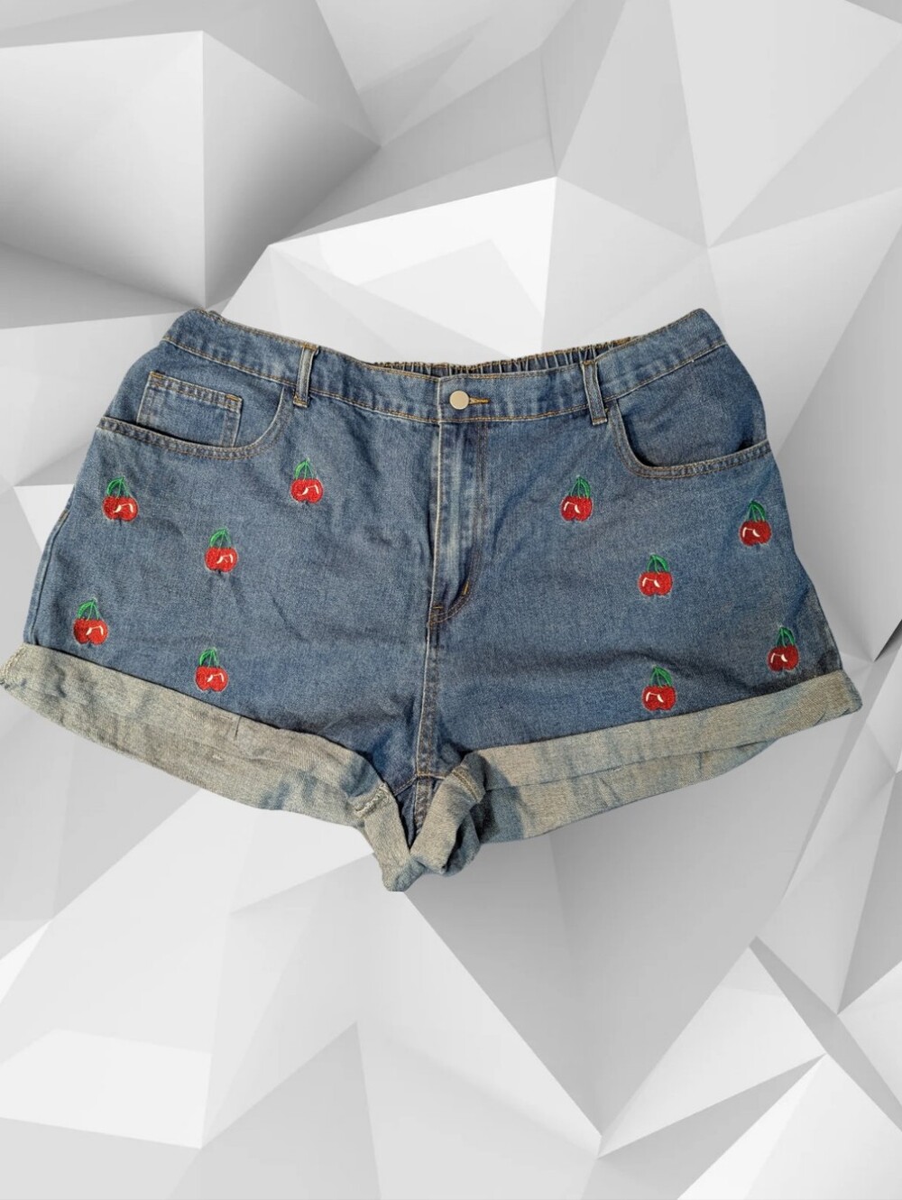 SHEIN Blue Denim Shorts with Red Cherry Embroidery